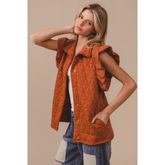 BiBi Diamond Print Ruffle Sleeves Pocket Oversized Quilted Vest Jacket | Rust - Picture 3 of 7